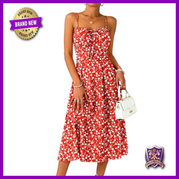 Dresses & Skirts - Floral Corset Spaghetti Strap Milkmaid Midi Sundress Elegant Wedding Guest